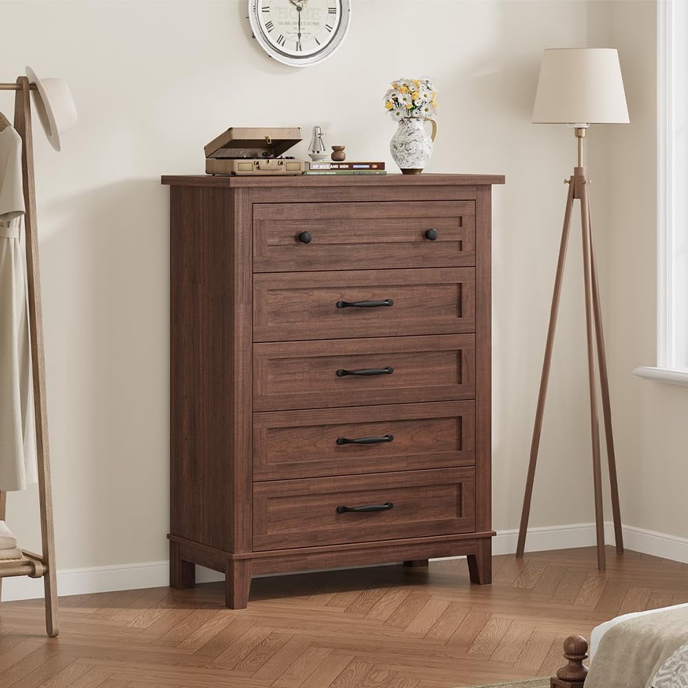 QinaQin 5 Dresser for Bedroom,Vertical Drawer Dresser with Large Storage,Freestanding Wooden Closet Chest for Bedroom,Living Room,Brown
