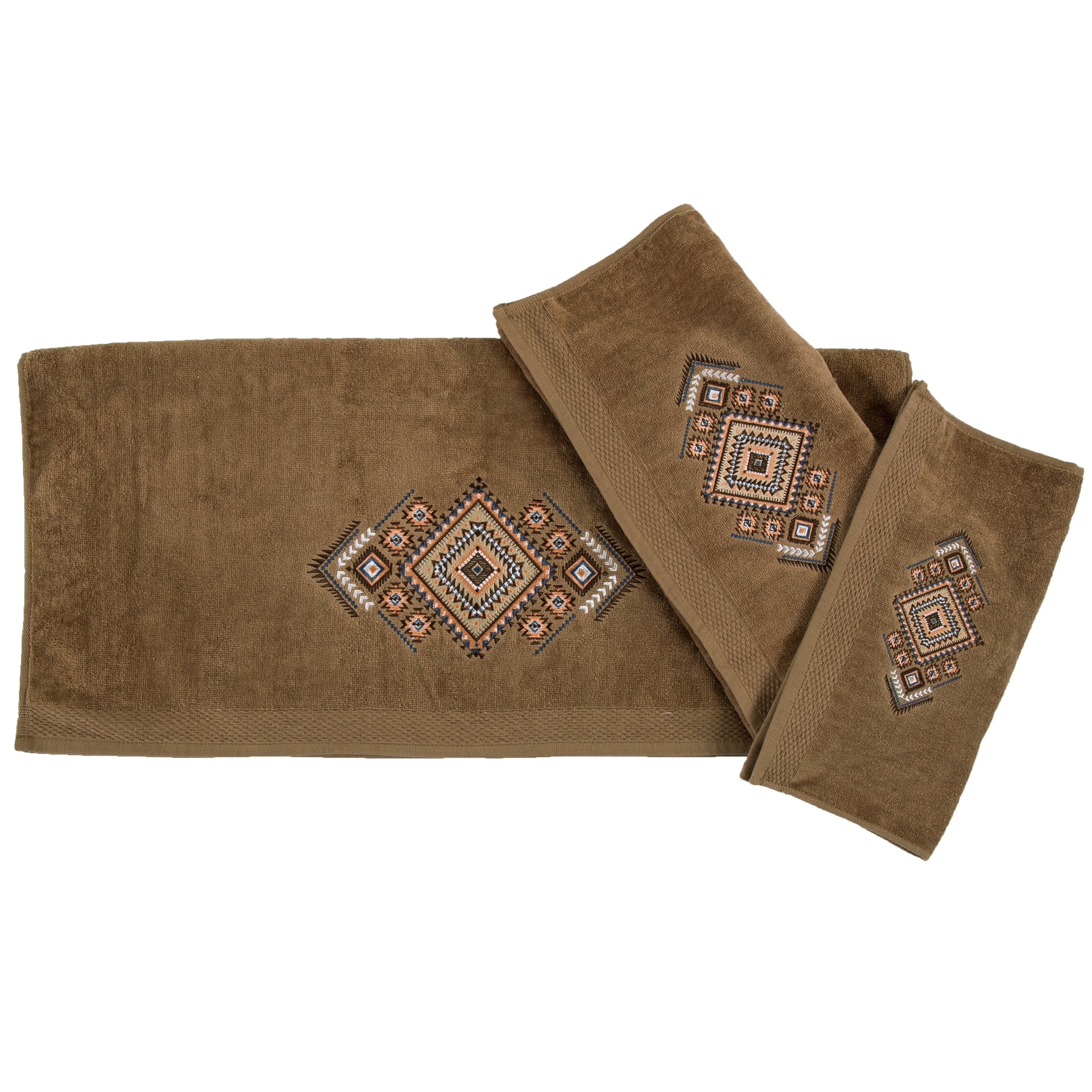HiEnd Accents Sedona Aztec Embroidered 3 Piece Bath Towel Set, Mocha