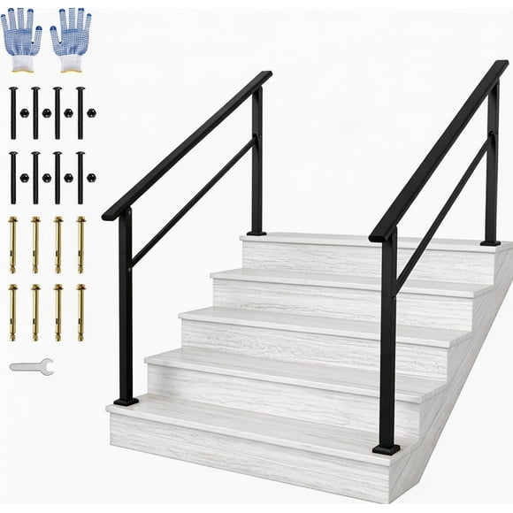 Stair Handrail Kit, Outdoor Handrail - Durable Black Aluminum 5-Step Railing with Iron Posts (2-Pack), Rust-Proof & Weather-Resistant for Porch/Deck/Steps - Includes Gloves