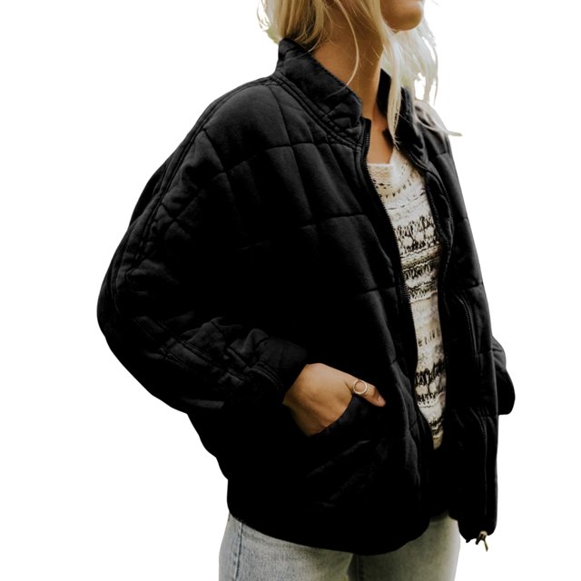 ITFABS Women Stand Collar Long Sleeve Solid Color Full Zip Quilted Jackets