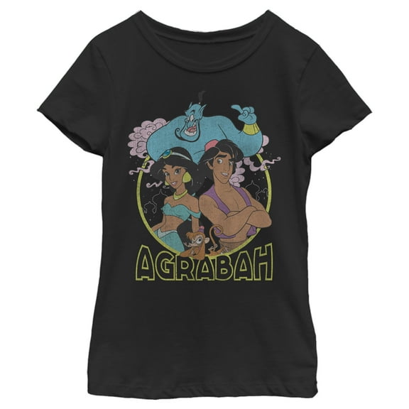 Girl's Aladdin Agrabah Distressed Group  Graphic Tee Black Medium