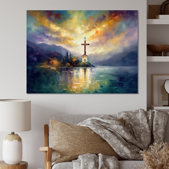 DESIGN ART Designart "Religious Cross Reflections" Lake Church  Canvas Print 44 in. wide x 34 in. high