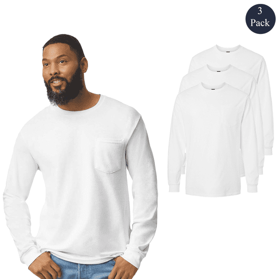 Gildan Men Ultra Cotton Pocket T-Shirt, Long Sleeve Crew Neck Casual Durable Tee, White, 3-Pack, S