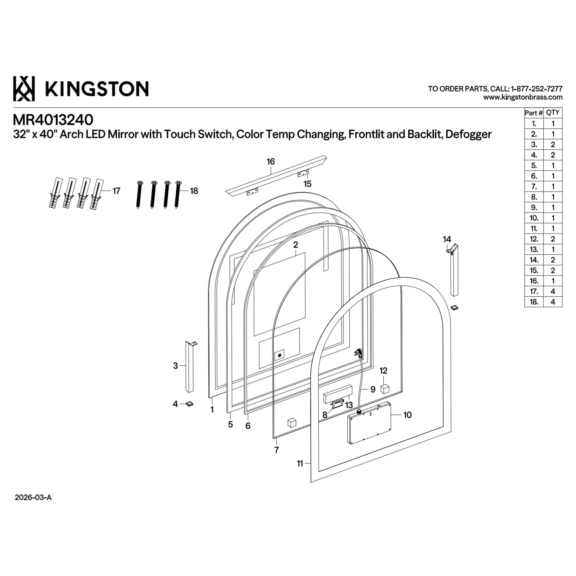 Kingston Brass MR4013240 Aurora 30-Inch x 60-Inch Arched LED Bathroom Mirror, Front and Back Light, Anti-Fog, Dimmable Touch Sensor Lighted Mirror in Silver