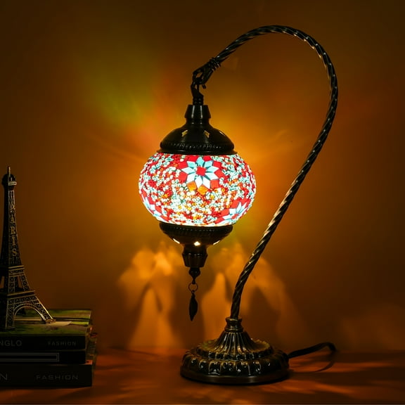 Turkish Moroccan Style Mosaic Table Lamp, Handmade Swan Neck 3-Color Glass Lamp with Metal Base - LED Bulb Included for Bedroom Living Room Bedside Decor