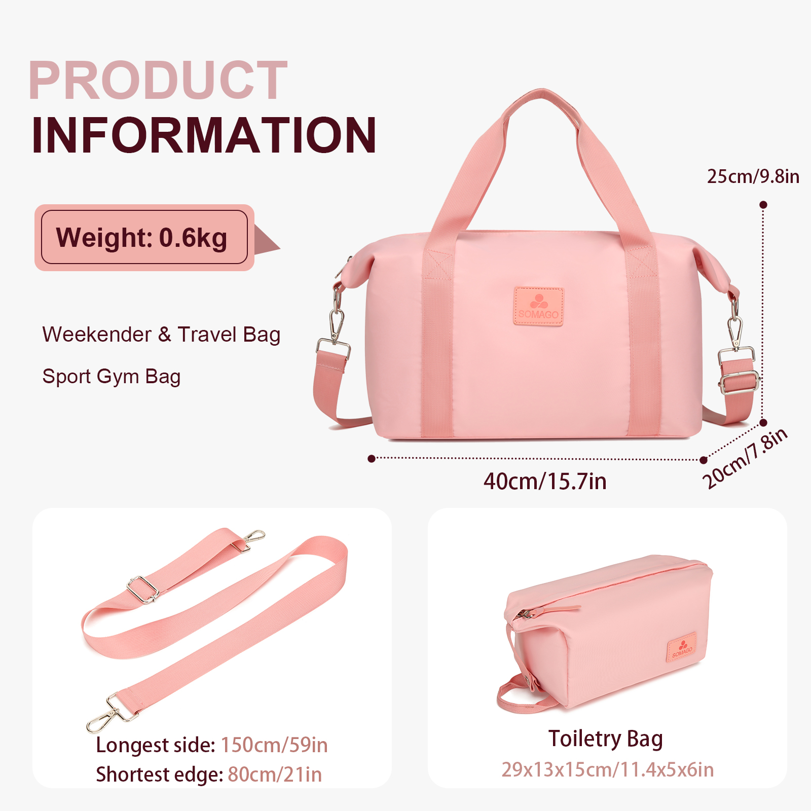 Somago Travel Duffel Bag Weekend Bag Carry On Tote Water Resistant Travel Essentials Sport Gym Bag For Men & Women Overnight Bag Luggage Bag With Trolley Sleeve For Hospital Business Trip
