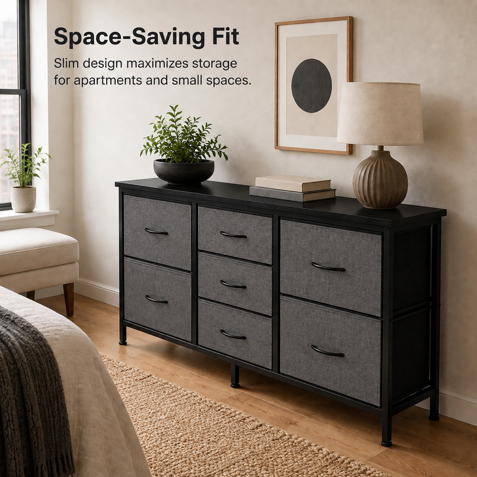 Alvantor 7 Drawer Fabric Dresser, Clothes Organizer Storage Tower for Bedroom, Chest of Drawers with Wooden Top, Metal Frame for Bedroom TV Stand