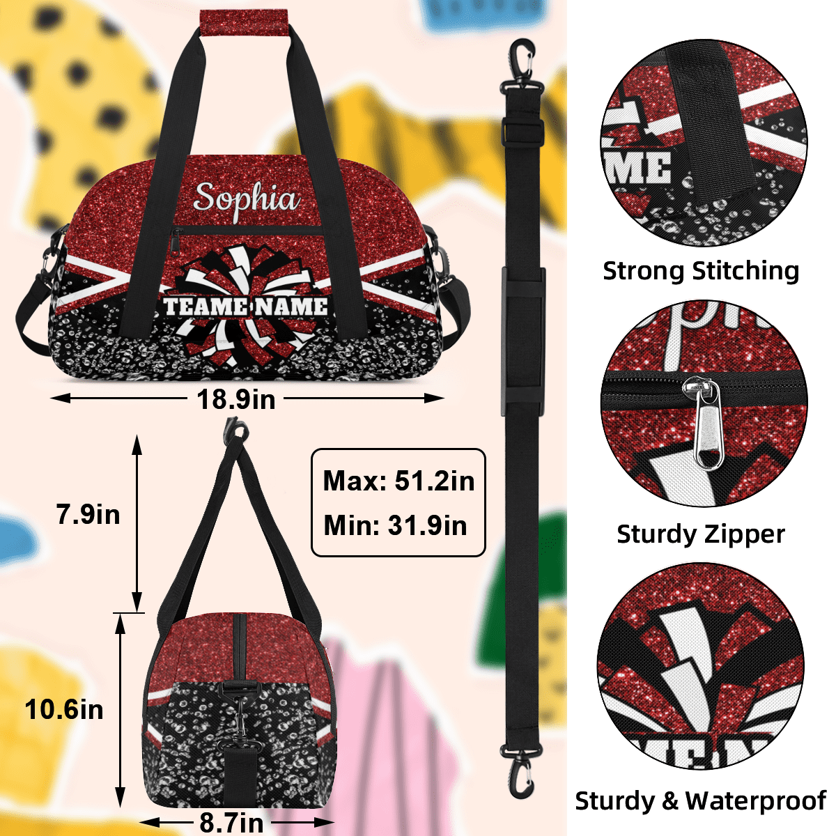 Jiaoprinted Personalized Cheer Bag, Custom Cheerleader Gym Bag Sport Duffel Bag, Customize Travel Overnight Weekender Bags, Cheerleading Gifts, Red Glitter