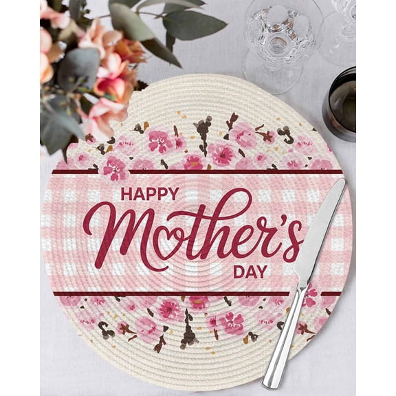13 Inch Round Placemats Set of 4, Happy Mother's Day Non Slip Heat Insulation PP Table Mats, Pink Floral Buffalo Plaid Burlap Washable Place Mats for Kitchen Dining Party Table Decor