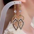 thumbnail image 4 of Eosunjian 1 Pair Dangle Earrings Vintage Hollow Out Geometric Shiny Rhinestone Inlaid Dress Up Gifts Women Double Layer Rhombus Pendant Hook Earrings Jewelry Accessories Golden, 4 of 11