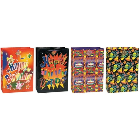 Birthday Brilliance Gift Bag Assortment 18"X13"-3 Each of 4 Designs, Pk 12