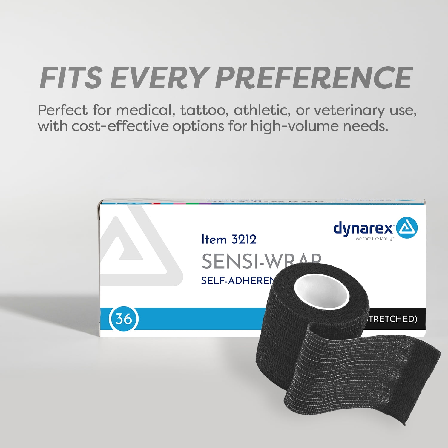 Dynarex Sensi-Wrap Self-Adhesive Bandages, 36-Pack, 2" x 5 yards, Black, Latex, Colored Elastic Cohesive Athletic Tape, Tattoo Grip & Vet Wrap