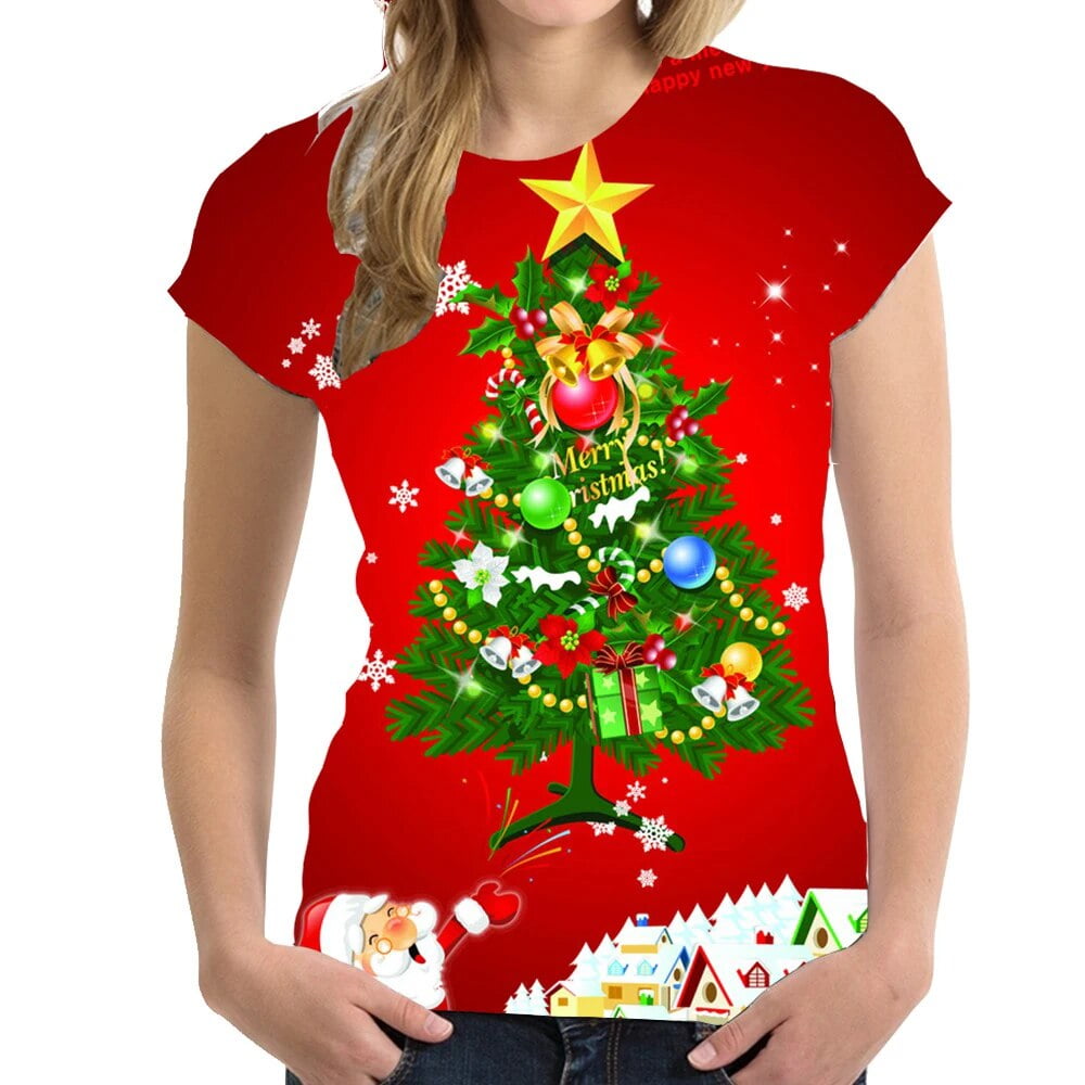 Camiseta de Navidad para mujer camisetas de manga corta con cuello redondo en 3d de Ano Nuevo camisetas Kawaii de Navidad ropa overiszed para mujer Y2K 2023 Walmart en linea