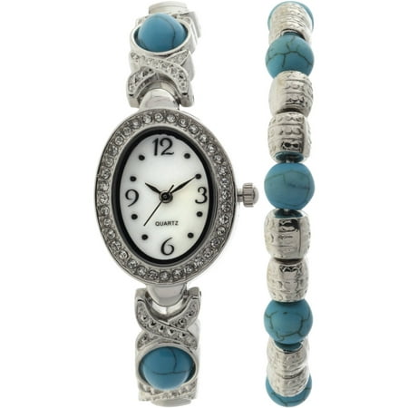 - Women's Genuine Semi-Precious Turquoise Stone Accented Oval Silver-Tone Mother of Pearl Dial Watch and Expandable Bracelet Set
