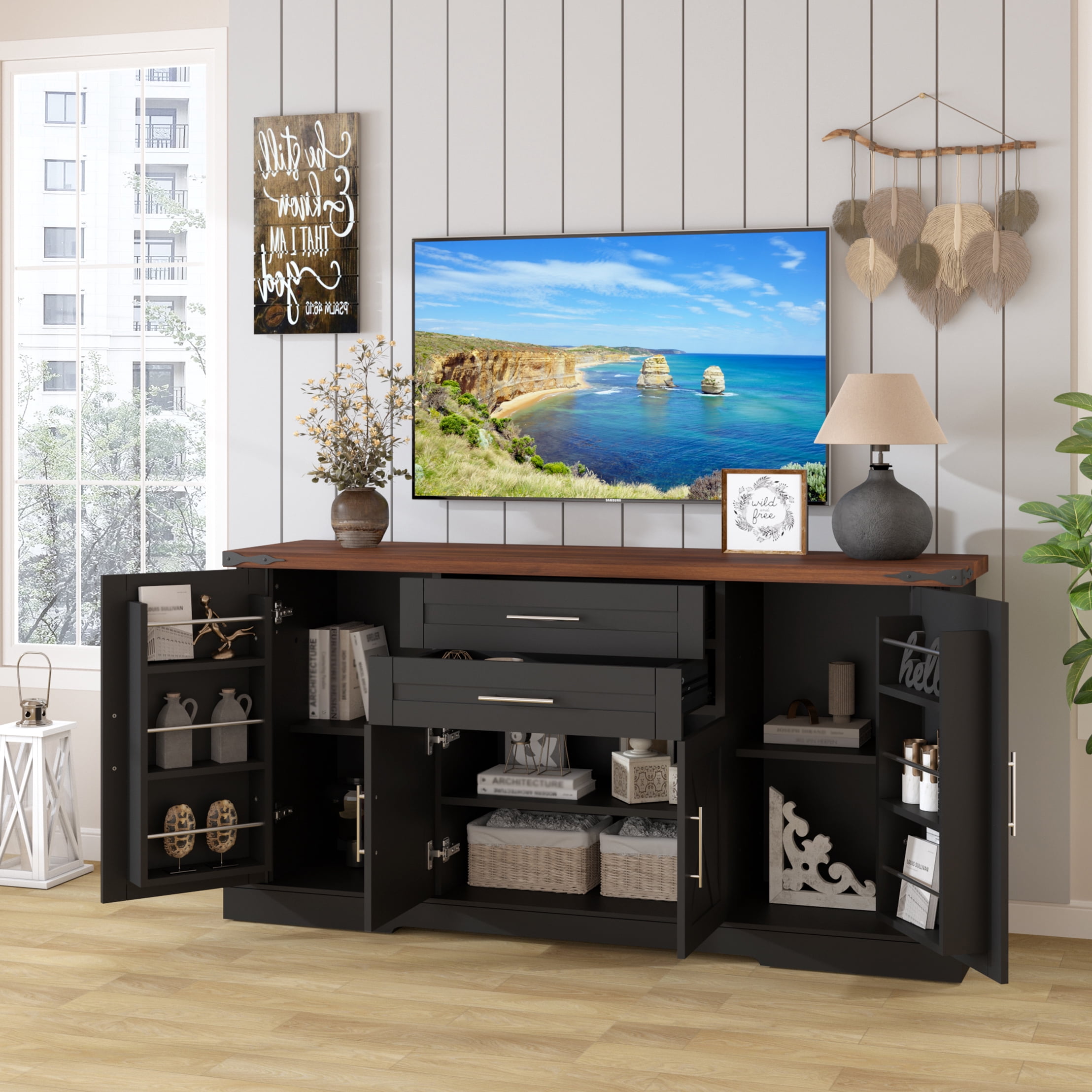 Mintazer 63" Farmhouse Sideboard Buffet Cabinet with 2 Drawers & Door Rack, Modern Storage Cabinet with Adjustable Shelves for Entryway Kitchen Living Room Dining Room, Black