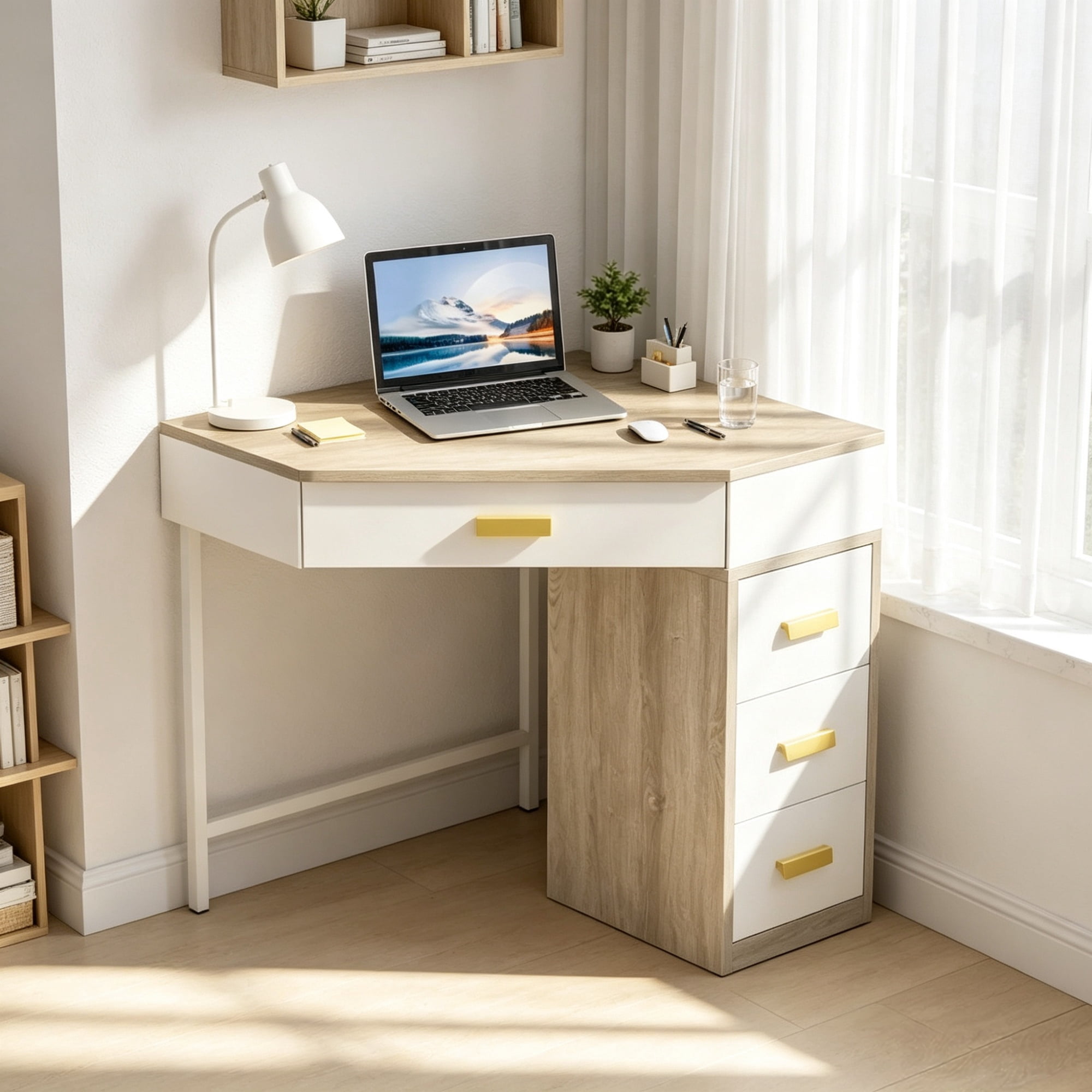 Triangle Corner Desk with 3 Drawers, Space-Saving Computer Desk & Makeup Vanity, Compact L-Shape Workstation for Small Spaces