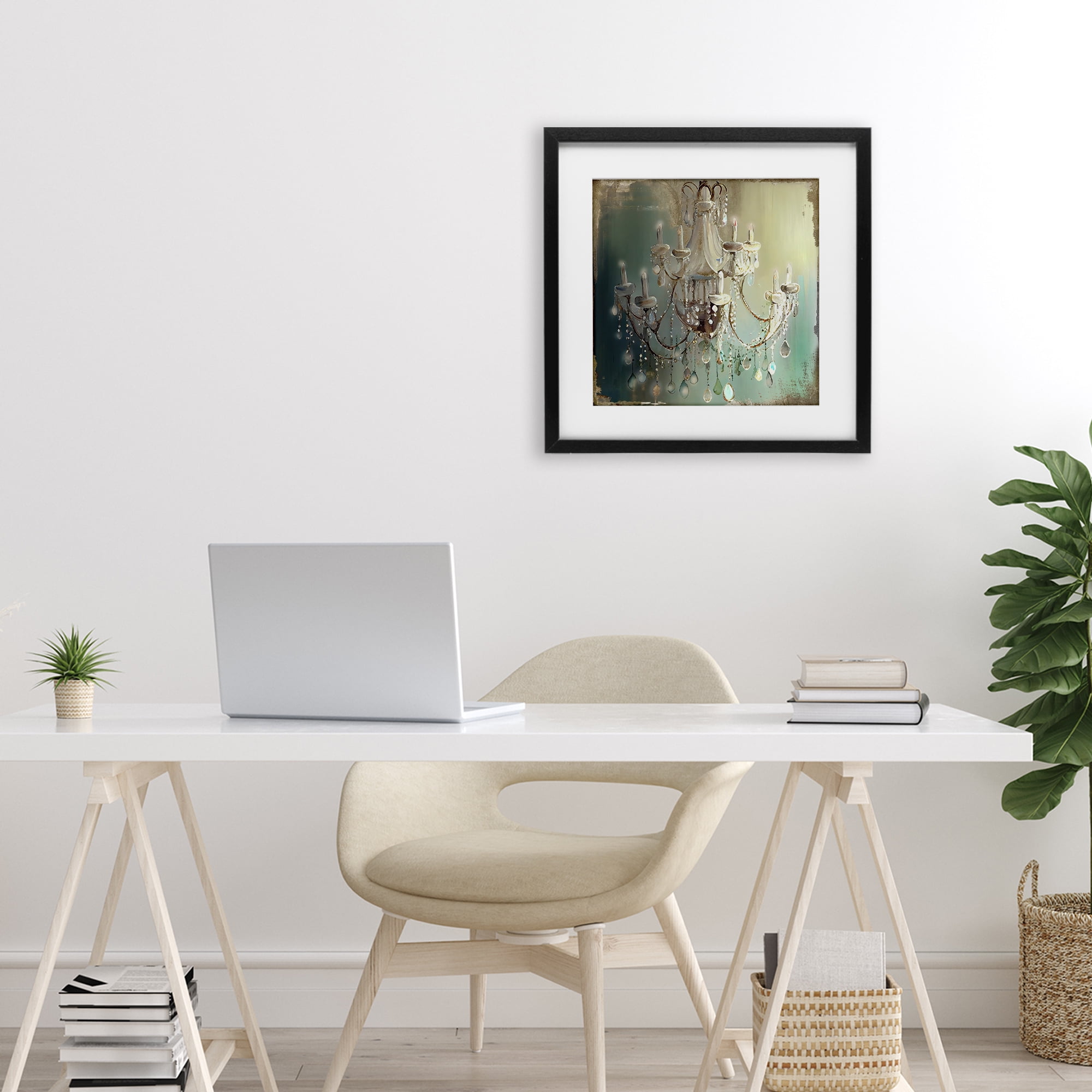 Vintage Illumine Chandelier Black Framed Print Under Glass, design by Sasha