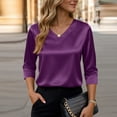 thumbnail image 4 of Hearthz Women's Silk Satin Blouse Dressy Casual V Neck Women's 3/4 Sleeve Tops Loose Basic Shirt Solid Holiday Party Outfits, 4 of 5