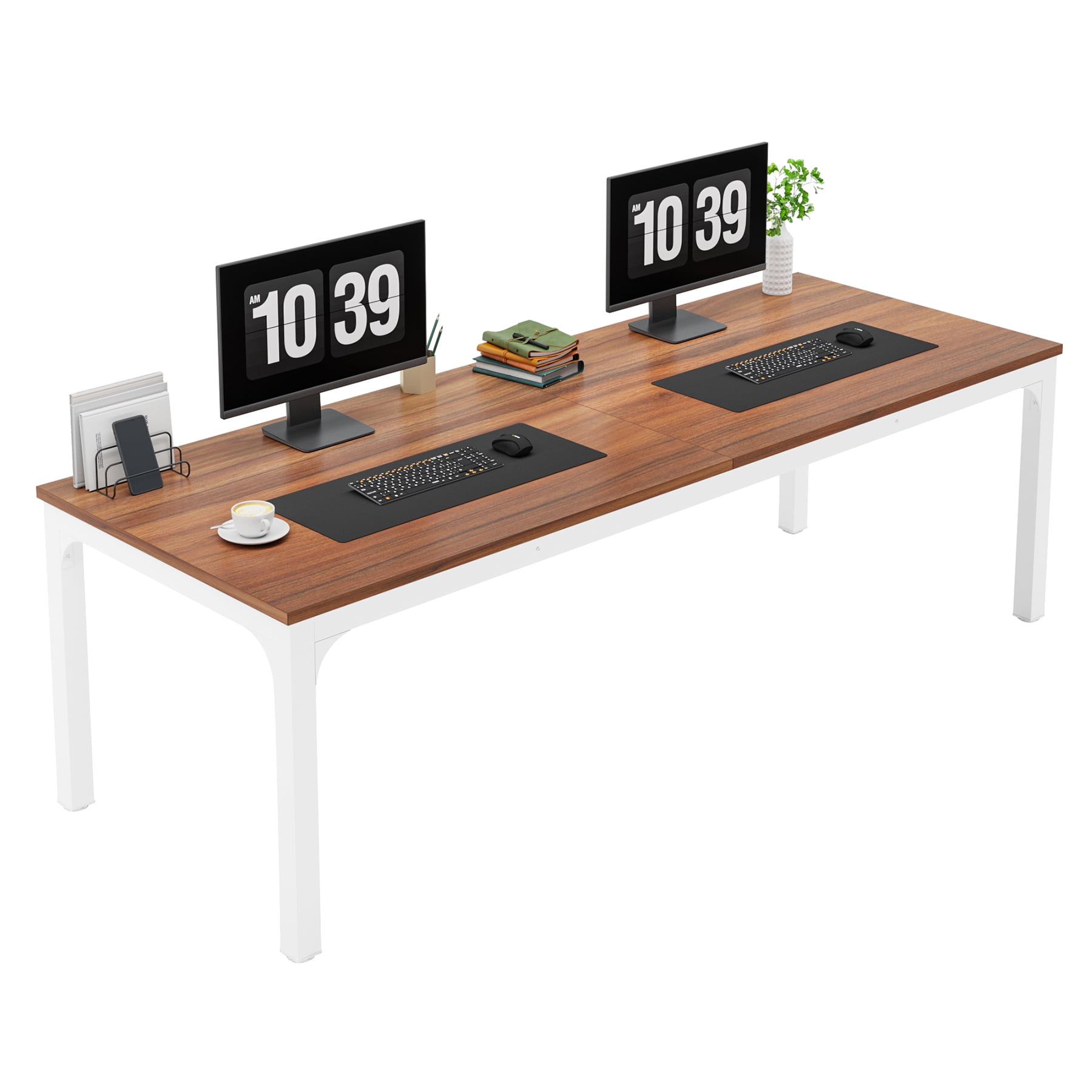 Fnova 78.7" Modern Computer Desk with Wood Desktop, Metal Frame Office Desk, Brown White