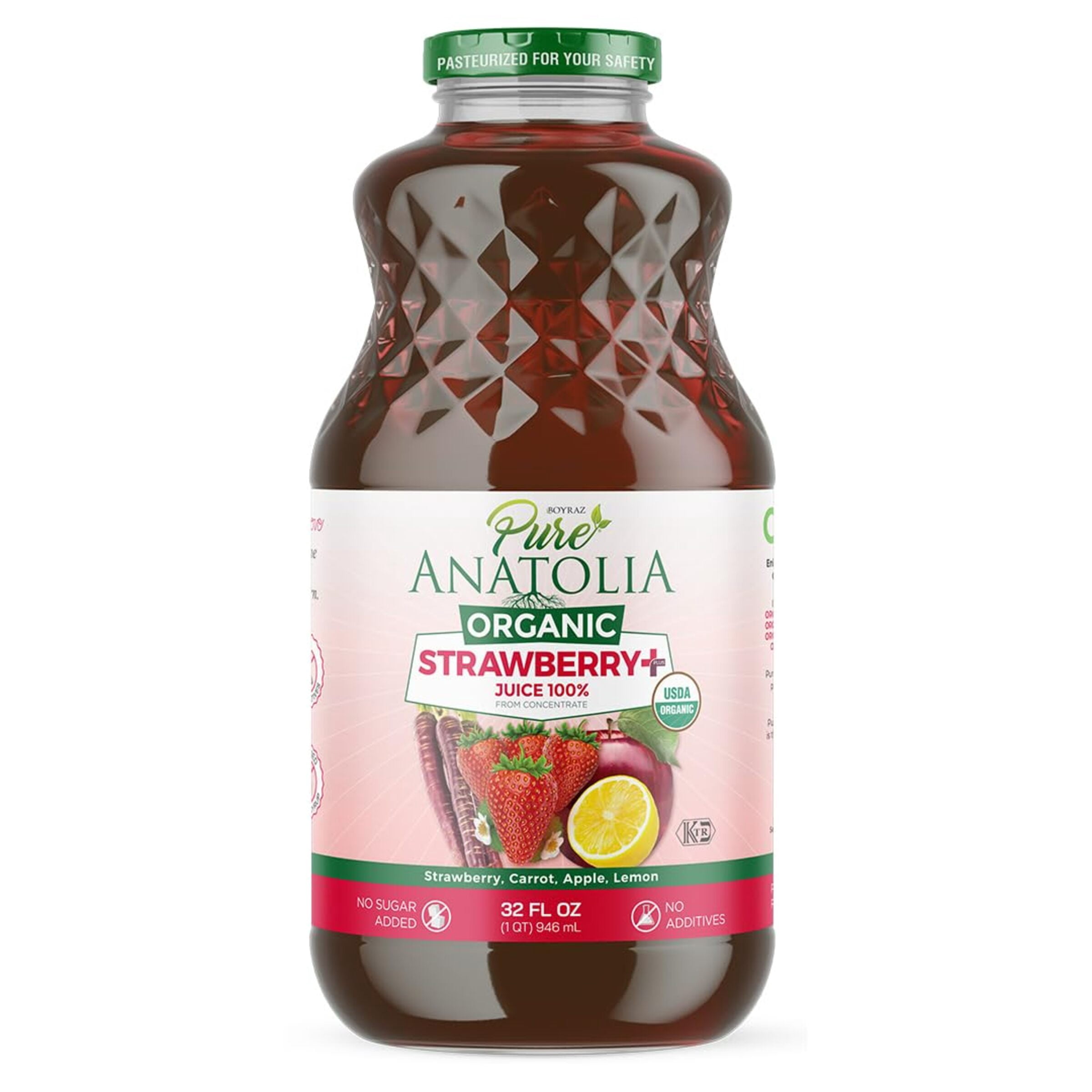 (6 pack) Pure Anatolia Organic Strawberry Juice, 32 Fl Oz Glass Bottle