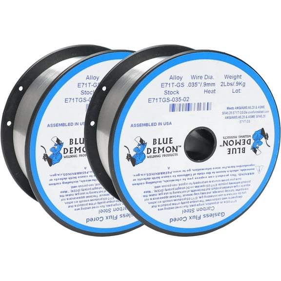 Blue Demon E71TGS X .035” X 2 LB X 2 Pack MIG/GMAW Gasless Flux Core Carbon Steel Welding Wire, All Position, Easy Slag Removal, Formulated To Provide Porosity-Free, X-Ray Quality Welds