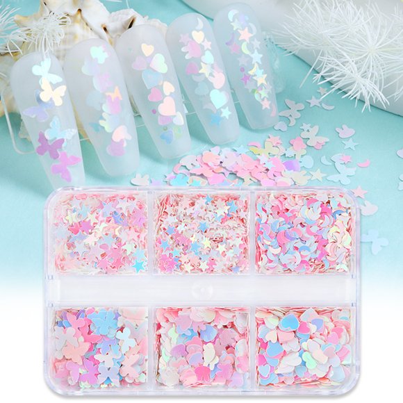3D Nail Glitter Sequins 6 Grids Star Moon Butterfly Bunny Heart Shape Manicure Accessories Face Hand Body Eyes Make-up Decoration Valentine's Day Gift