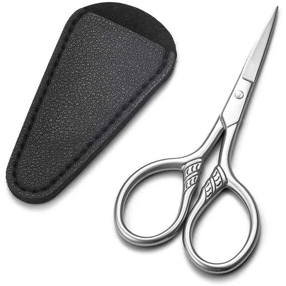 HITOPTY Small Precision Scissors, 3.5inch Stainless Steel Multi-Purpose Vintage Beauty Grooming Kit for Facial Hair, Eyebrow, Eyelash, Beard, Moustache with PU Sheath