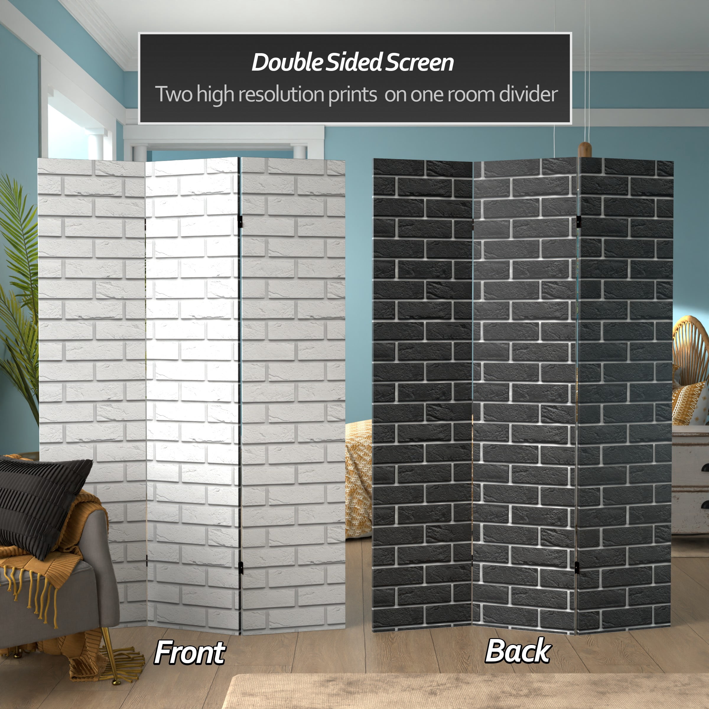 Oriental Furniture 6 ft. Tall Double Sided Black & White Brick Canvas Room Divider