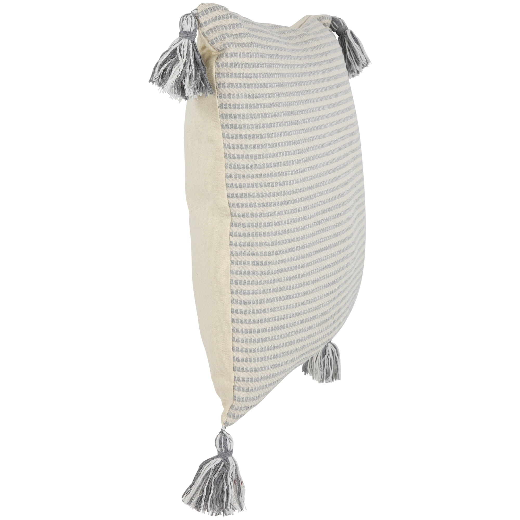 18" Double-Sided Striped and Solid White Square Woven Throw Pillow with Tassels