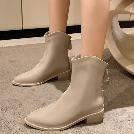 

Cathalem Fashion Autumn Winter Women Boots Low Heel Pointed Toe Back Zipper Comfortable Casual Style Womens Boots No Heel Khaki 7.5