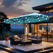 Ainfox 13ft Large Patio Umbrella with Solar Lights, Outdoor Double-Sided Rectangle Market Heavy Duty Umbrellas without Base,Blue