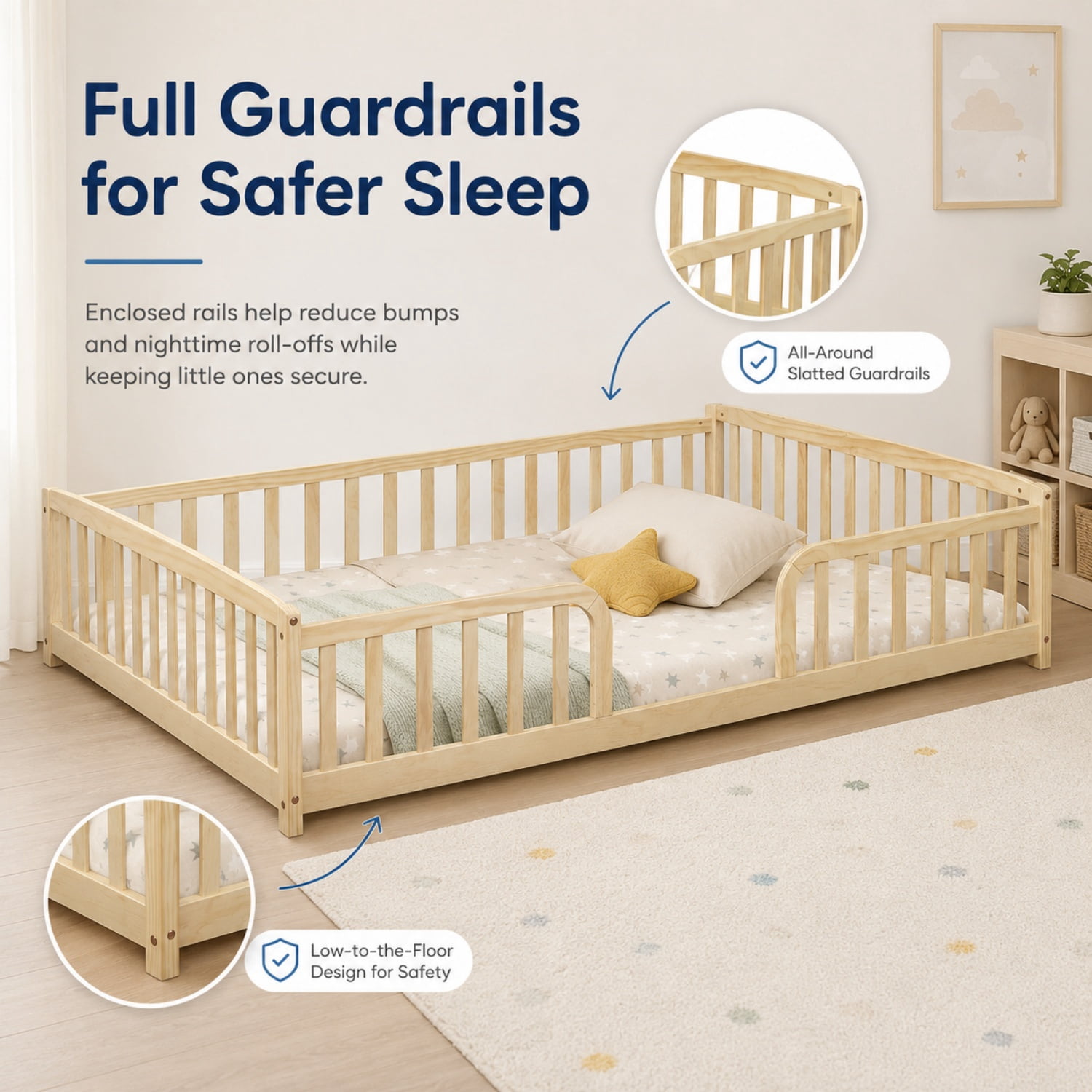 Miniyam Full Size Floor Bed with Guardrails, Low Profile Wooden Kids Bed Frame with Rounded Entrance, Natural
