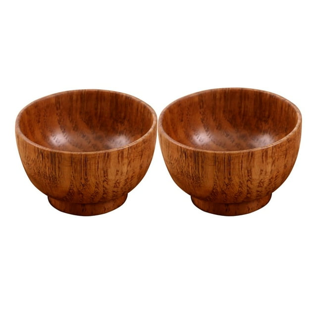2pcs Hand Made Wooden Bowl Broken-resistant Anti-impact without Plate for Kitchen Home Restaurant (Brown)
