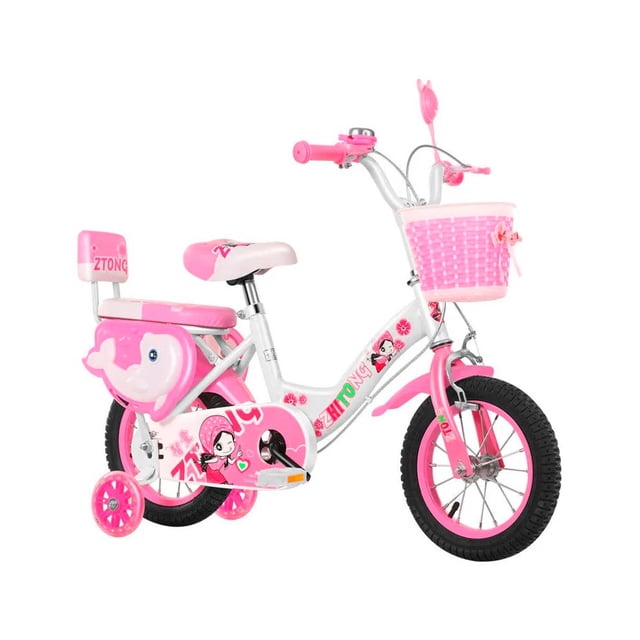 Bicicleta Para Niña De Delfin Rosa R12 Con Cansta Cantinflora Y Ruedas Entrenadoras 2-4 Años Infantil