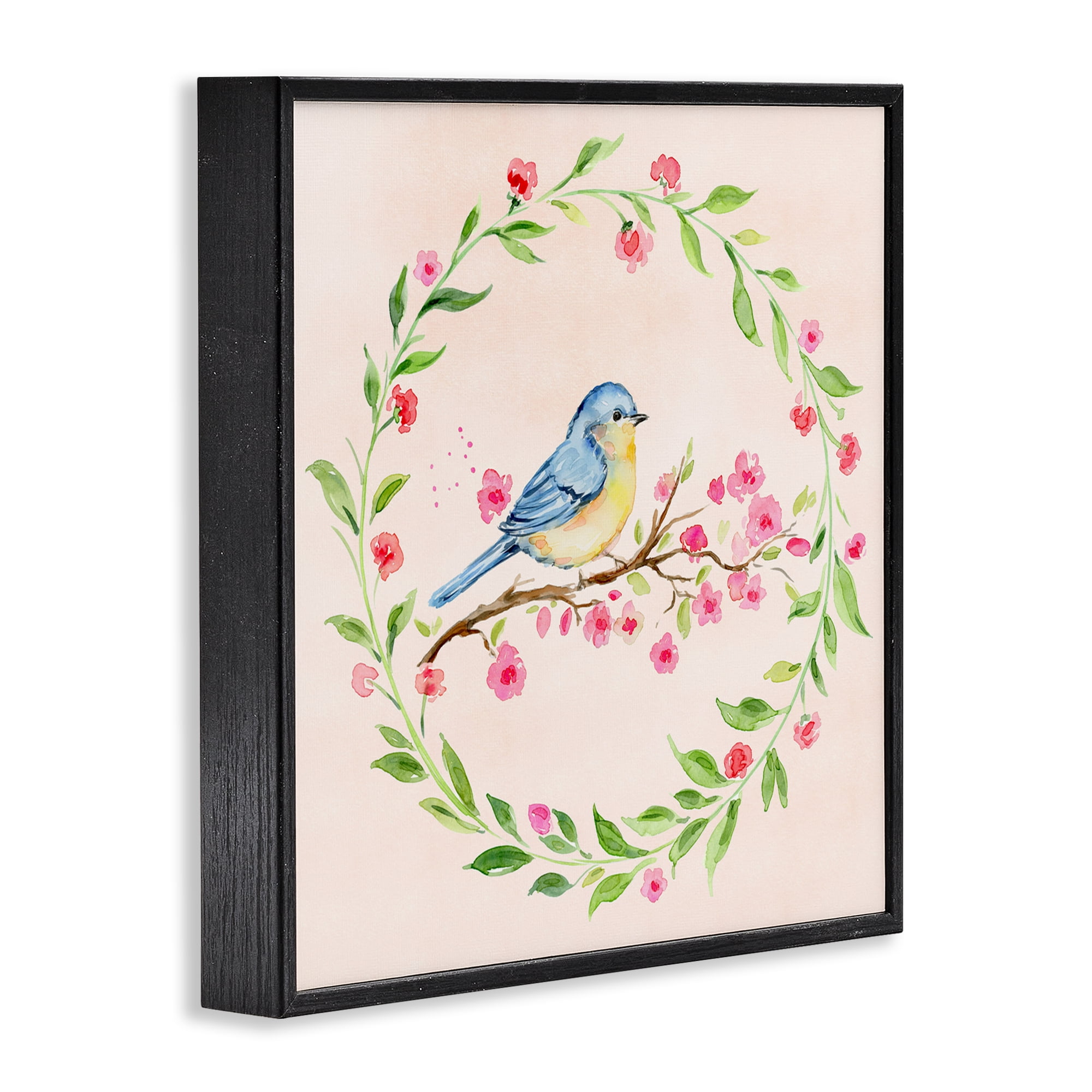 Spring Bird Wreath Perch Black Framed Giclee Art, design by Elena Fay