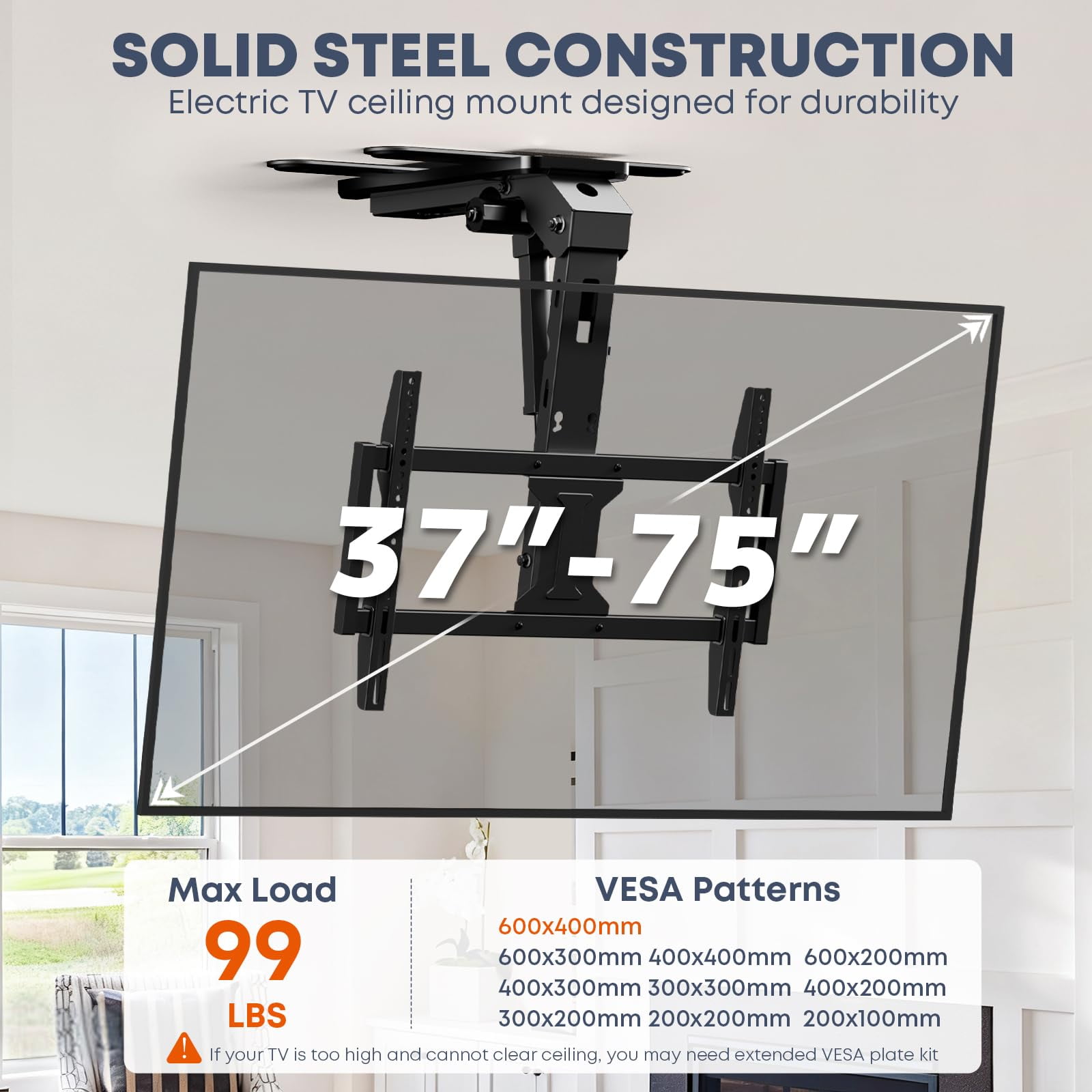 PUTORSEN Motorized Ceiling TV-Mount Flip Down - 37 to 75 Inch Electric TV-Mount Motorized Drop Down with Remote, Black