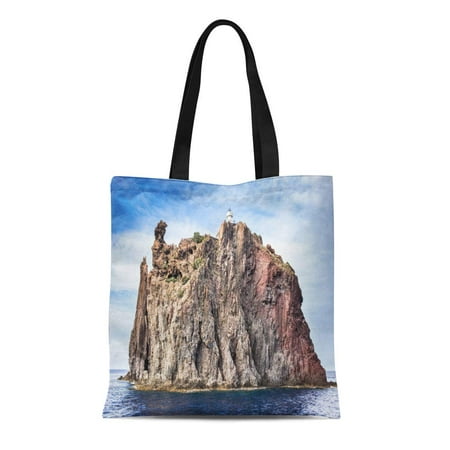 SIDONKU Canvas Tote Bag Blue Mountain Aeolian Island Lighthouse Sicily Italy Rock Stone Durable Reusable Shopping Shoulder Grocery