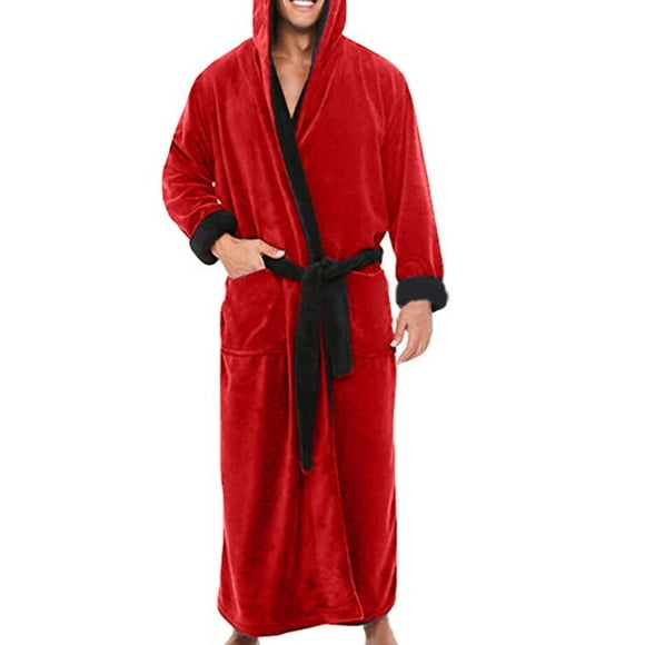 LUXUR Men Dressing Gown Hooded Wrap Robe Long Sleeve Bath Robes Plain Nightwear Solid Color Towelling Red Black L