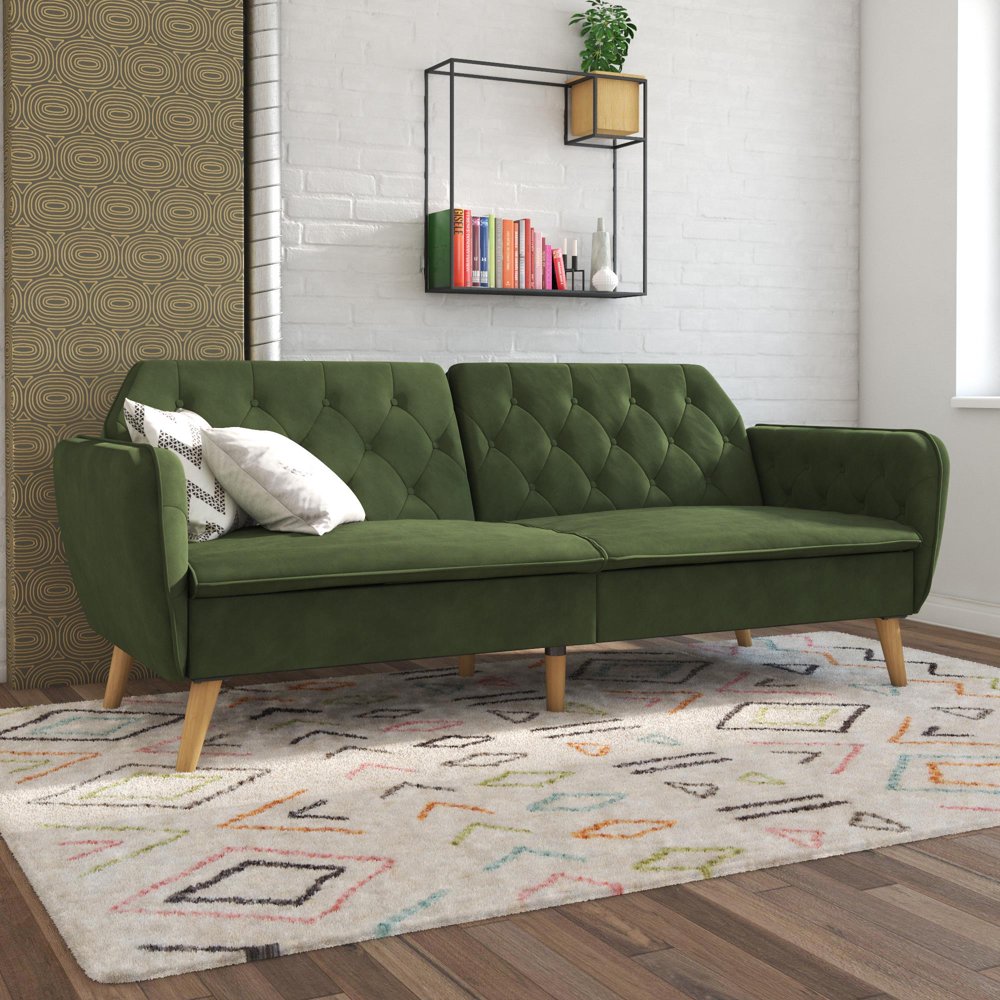 Novogratz Tallulah Memory Foam Futon, Convertible Couch, Green Velvet