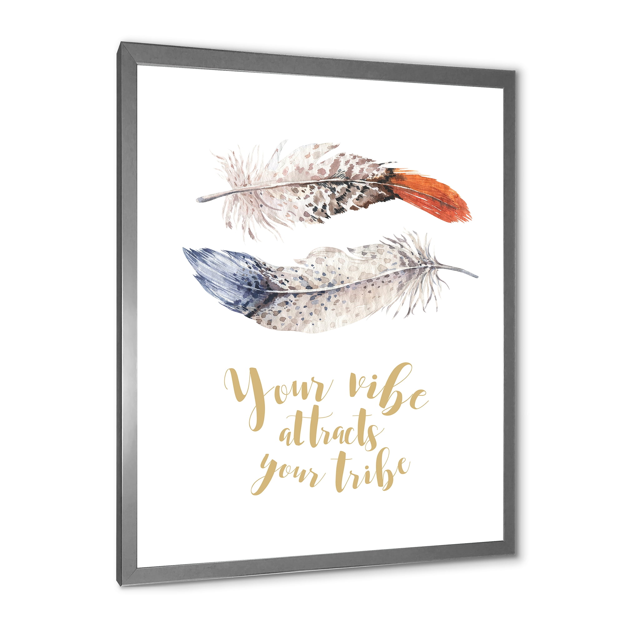 Designart 'Your VIbe Attracts Your Tribe Two Feathers ' Bohemian & Eclectic Framed Art Print
