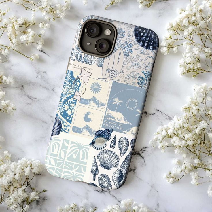Beach Vibes Phone Case for iPhone 16 15 14 13 12 11 Pro Max, Coastal Collage Design with Seashells, Surfboards & Inspirational Quote Beach Vibes Phone Case for iPhone 16 15 14 13 12 11 Pro Max, Coastal Collage Design with Seashells, Surfboards & Inspirational Quote
