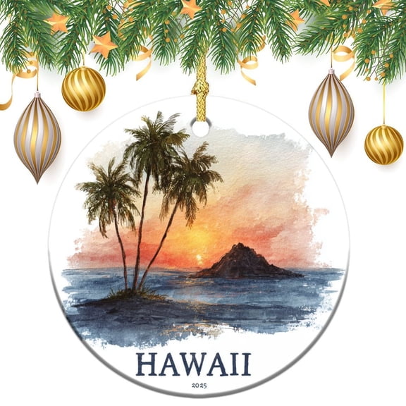 Watercolor Sunset with Palm Trees Hawaii Ceramics Ornaments Hawaii Lovers Xmas 2025 Ornament for Boys Girls Round Ceramic Christmas Decoration Ornament Xmas Present