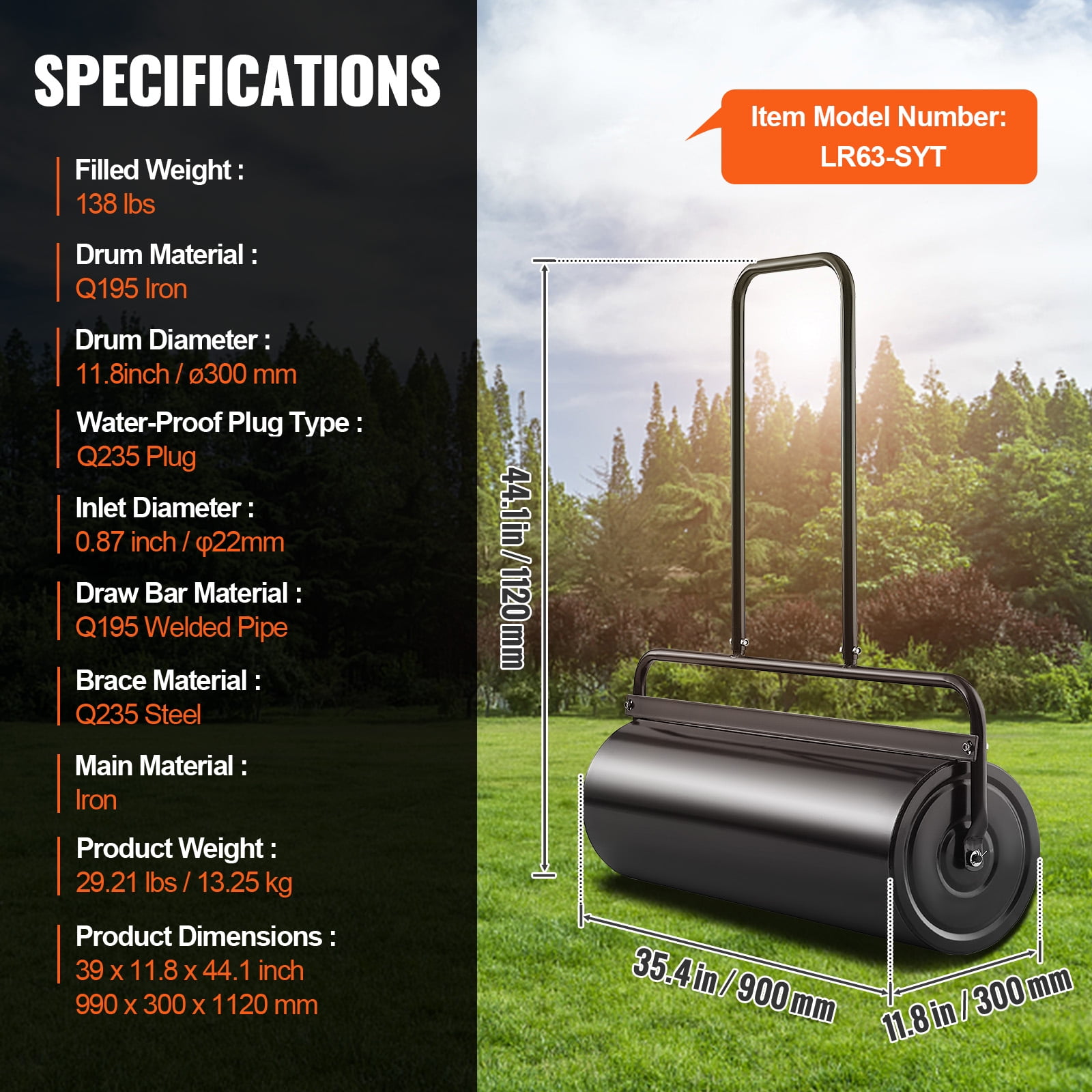 KFFKFF Lawn Roller Yard Roller 17 Gallon Sand/Water Filled Steel Sod Roller Push