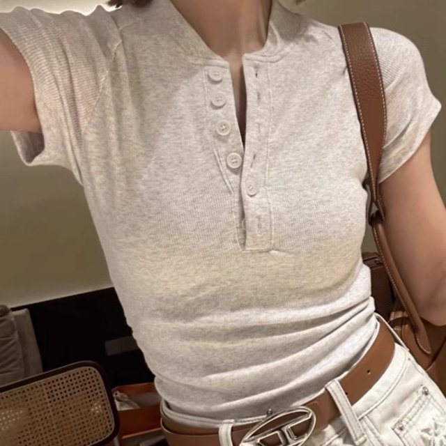 Camisetas Mujer Botones Casual High Street Chic Vintage Todo Partido Picante Dulce Chicas Elegante Verano Moda Estilo Francés Diario