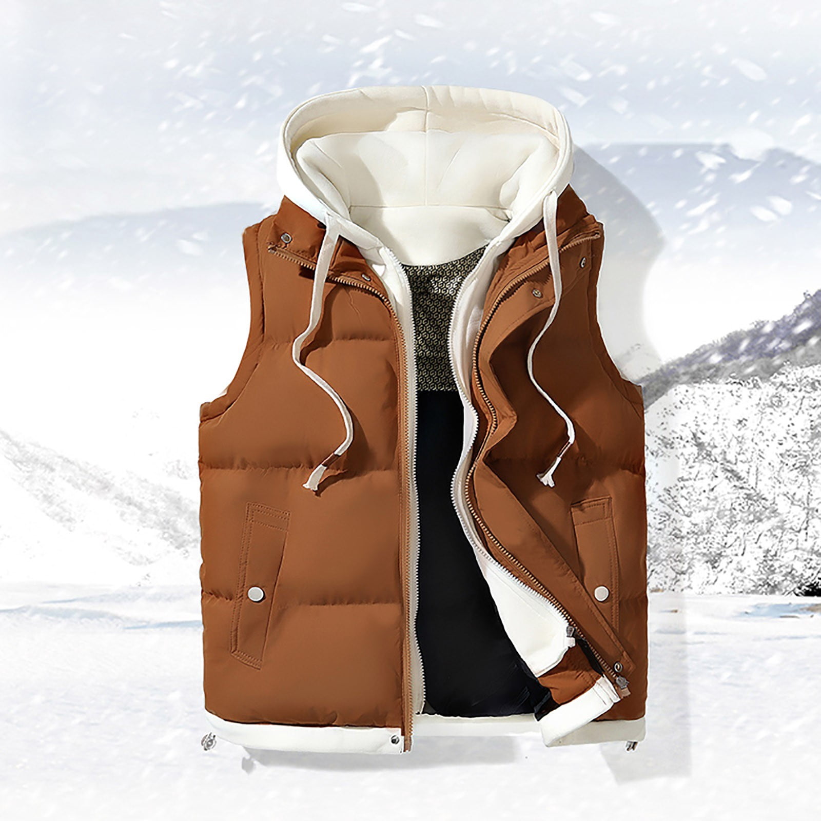 dzxyzu Men's Vest Lined Puffer Hooded Vest Outdoor Quilted Winter Vest Drawstring Waistcoat Sleeveless Hooded Cargo Jacket Padded Vest Sports Waistcoat Coat for Travel Hiking Running - Brown