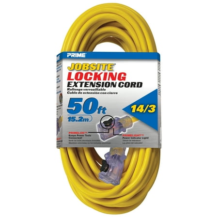 - Prime ECPL511730 50' 14/3 SJTW Yellow Outdoor Jobsite Locking Extension Cord