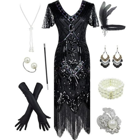 Robe à Franges Longues avec Perles à Sequins Inspirées des Années 1920 pour Femmes gatsby avec Accessoires