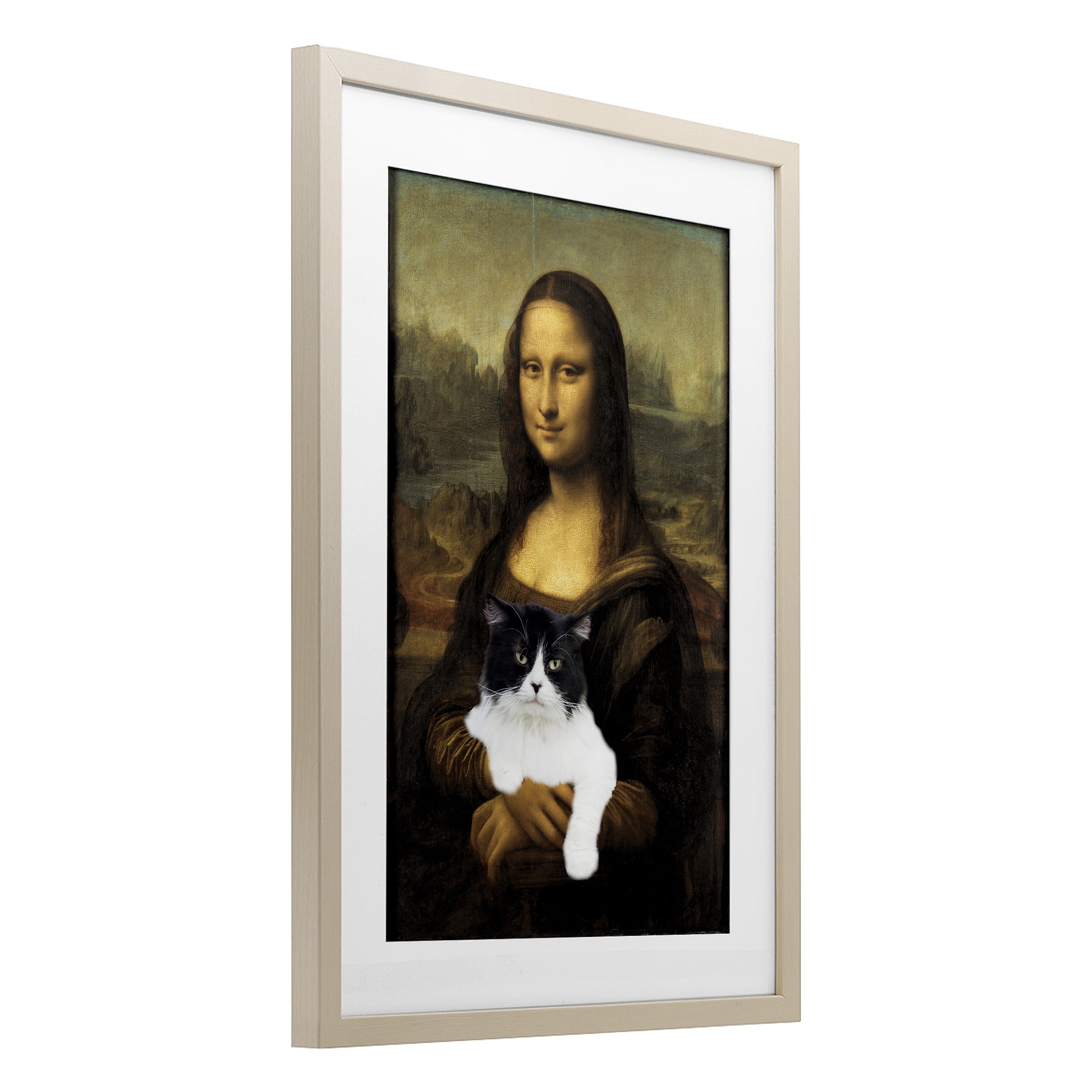 Mona Lisa Cat Lady Birch Framed Print Under Glass, design by Masters Redux