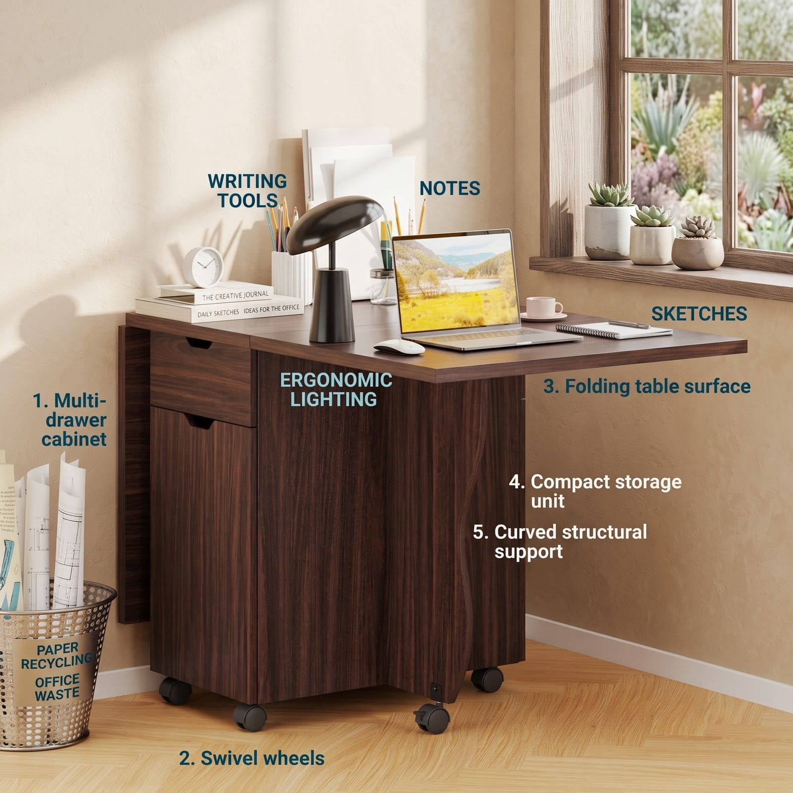 Furnibear 3-in-1 Folding Dining Table, Space-Saving Drop Leaf Kitchen Table with Storage Drawers, Cabinet & 6 Lockable Wheels for Small Spaces, Walnut
