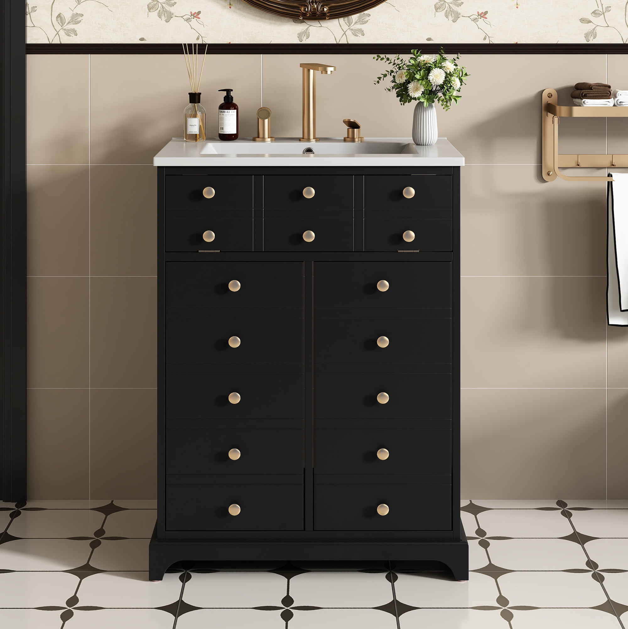 Euroco 24" Bathroom Vanity with a Drawer & Two Soft-Closing Doors, Painted Modern Bathroom Storage Cabinet with Ceramic Sink, Stylish Single Sink Cabinet for Small Spaces